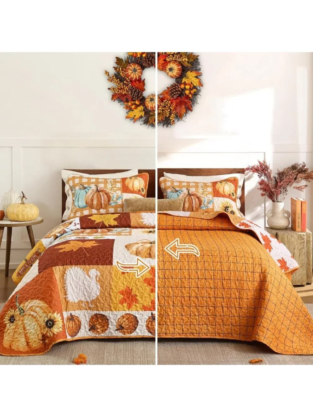 Cozy Fall Thanksgiving Queen Quilt - Pumpkin & Maple Leaves Bedspread Decor